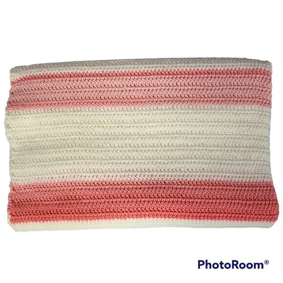 Vintage Handmade Knit Crochet Pretty Pink Afghan Throw Lap Blanket New Baby Gift - Picture 15 of 16